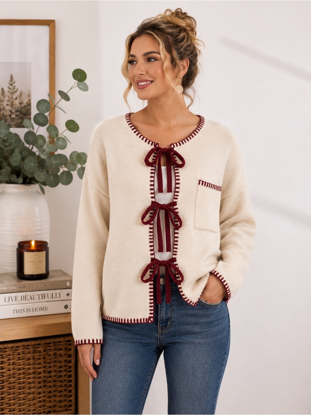 Sunday Edition Cream Burgundy Bow Tie Cardigan Sweater S